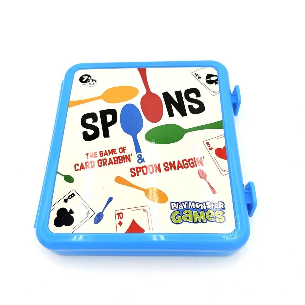 PlayMonster Spoons Card Game Blue Travel Case 2025 Complete 3-6 Players Age 7+